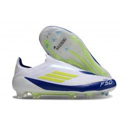 Tacos adidas F50 Elite Laceless FG Blanco Amarillo Solar Azul Lúcido