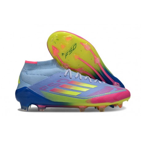 Bota adidas F50 Elite Mid FG Azul Fusion Limón Lúcido Rosa Lúcido